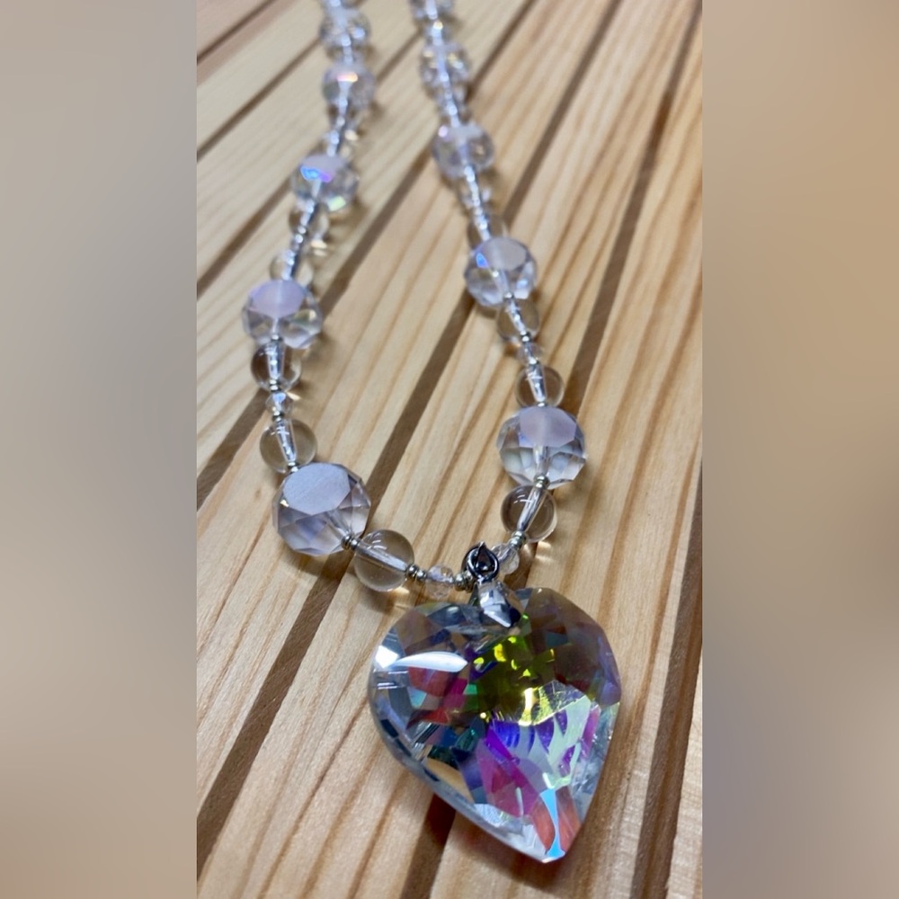 Crystal Heart Pendant Necklace - Iridescent Clear Beads - Picture 2 of 3